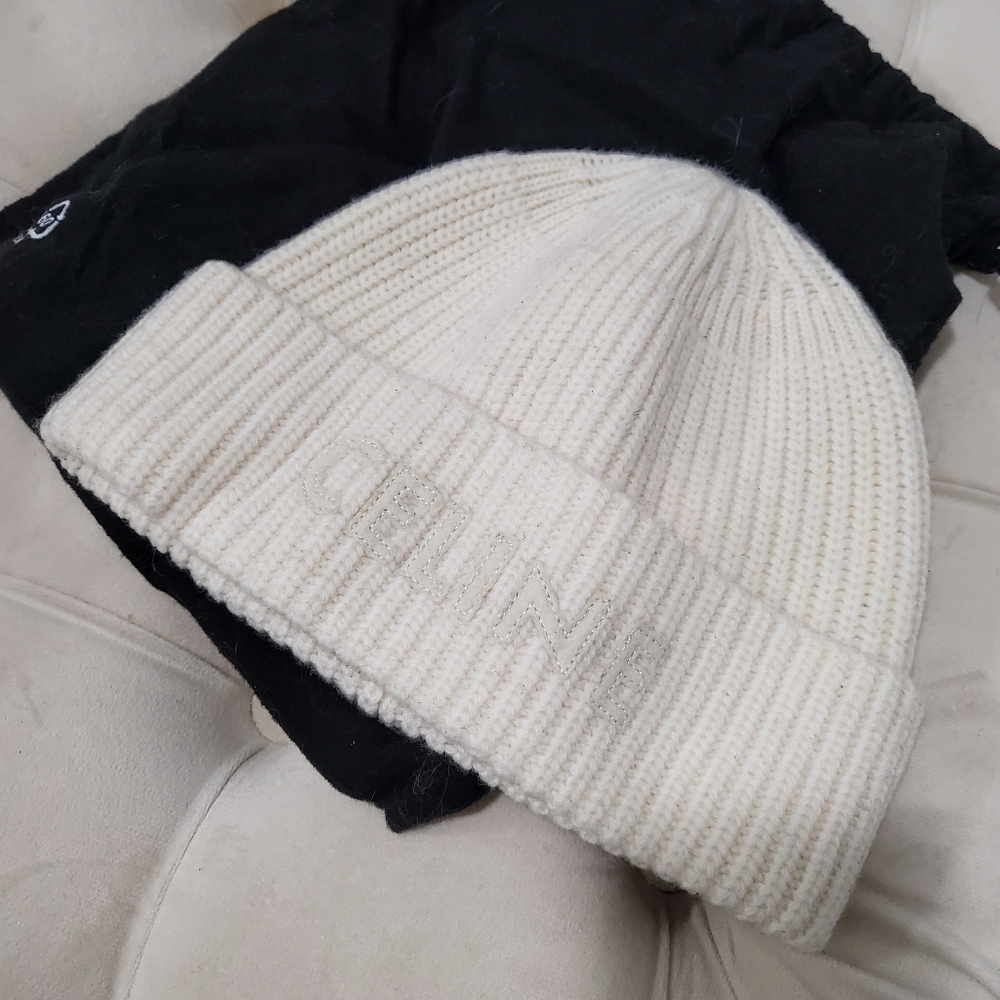 Celine Off-White Logo Wool Beanie